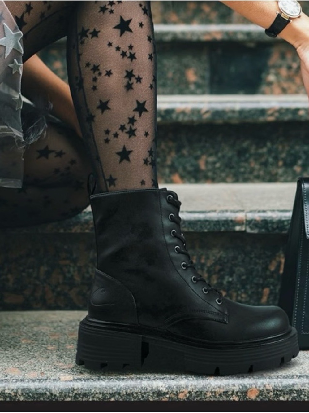 Candie's Regine Lug Sole Black Lace-Up Platform Combat Boots Chunky Heel